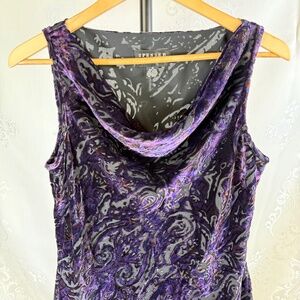 Vintage Silk Velvet Burnout Purple Dress Size 10 Drape Neck Asymmetrical Mini